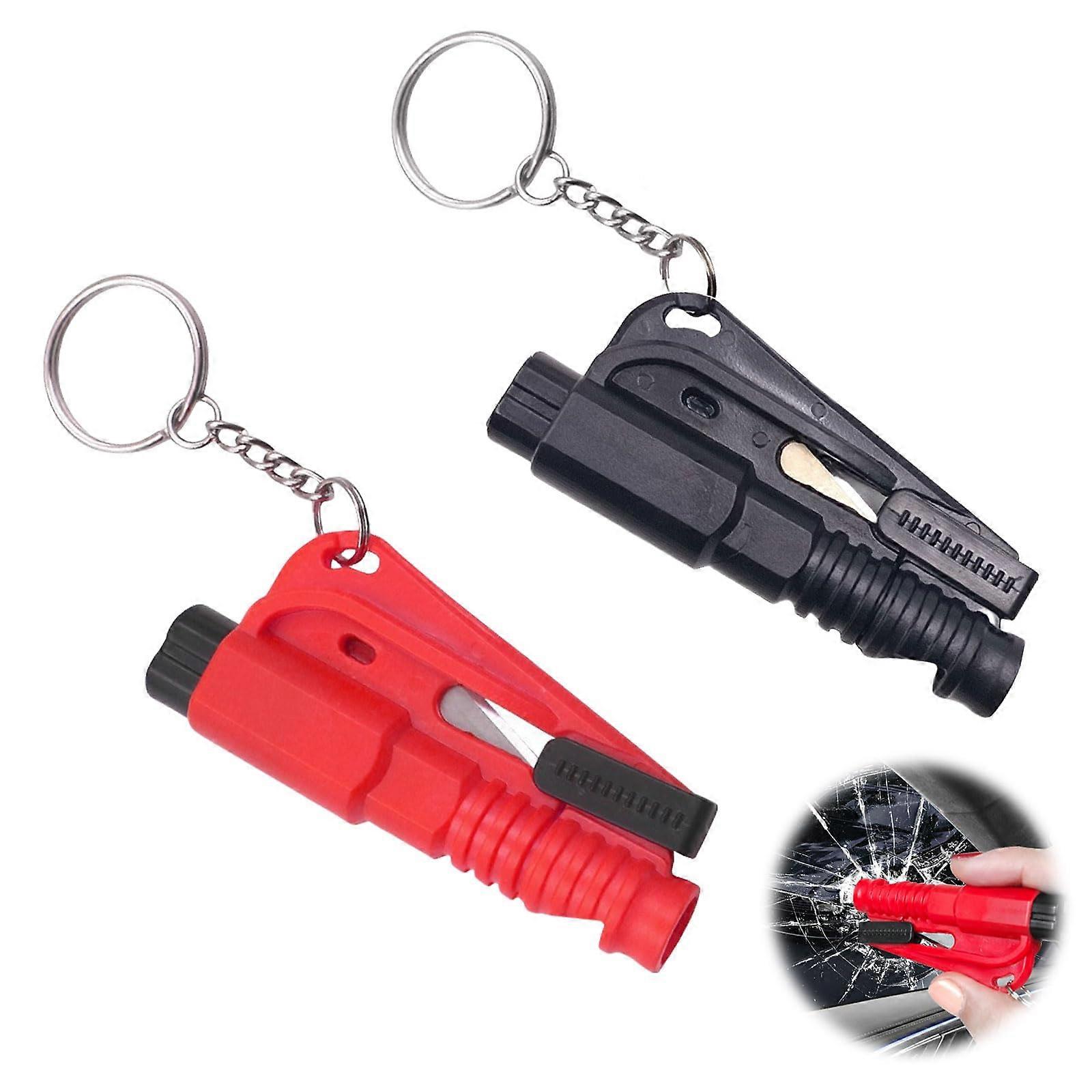 2 Pcs Car Window Breaker Tool Keychain 3 in 1 Glass Breaker and Seat Belt Cutter and Survival Whistle Emergency Keychain, multicoloured