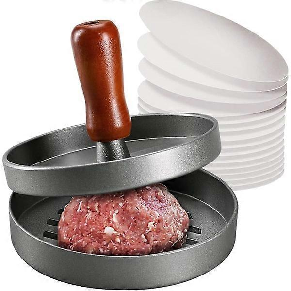Stainless steel hamburger press with wooden handle, non-sticky, with 100 beef papers