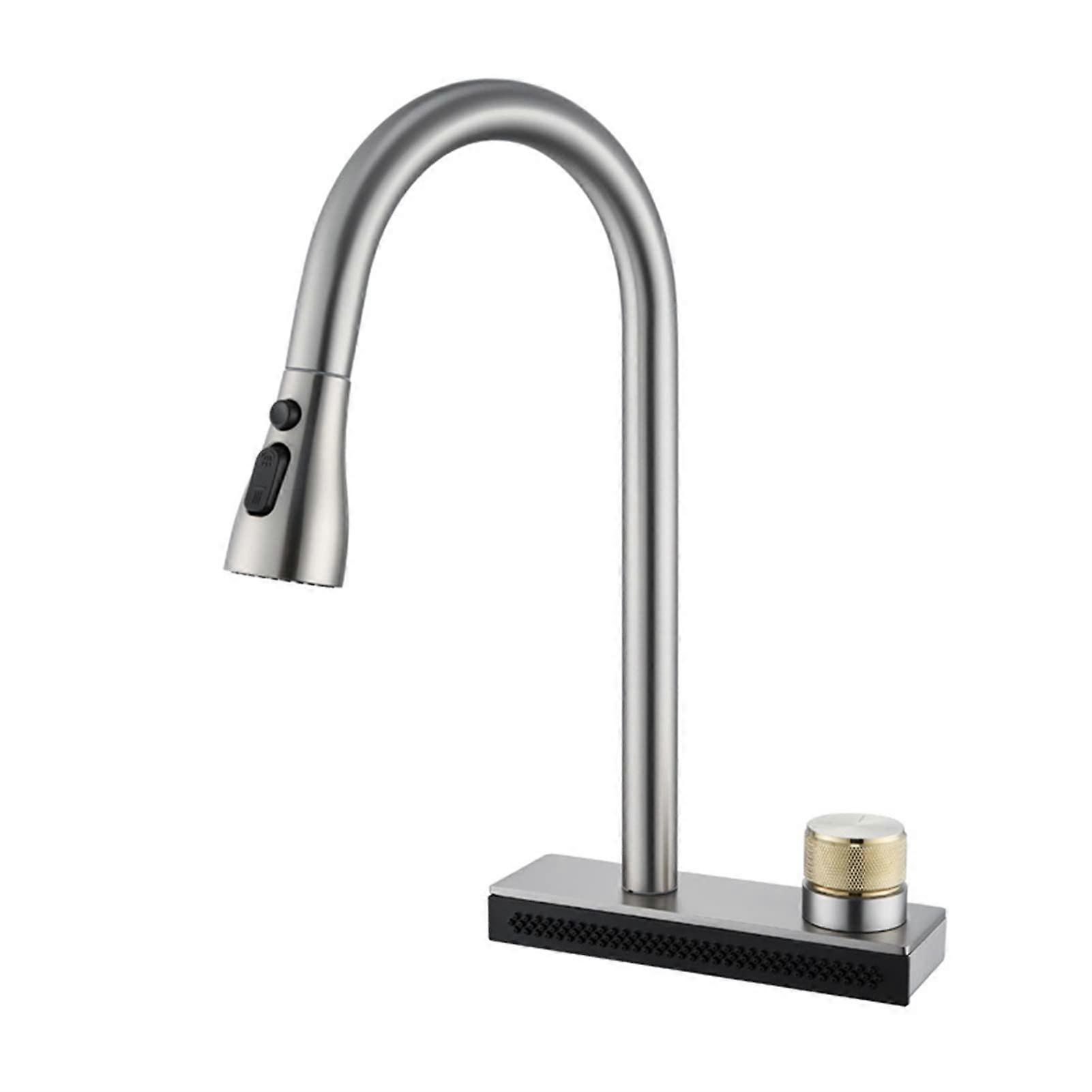 Pull-Out Kitchen Faucet KeYJ Black Brushed, Large Waterfall Spout, Knob, 3-Function Spray, Single-Hole Sink Mixer