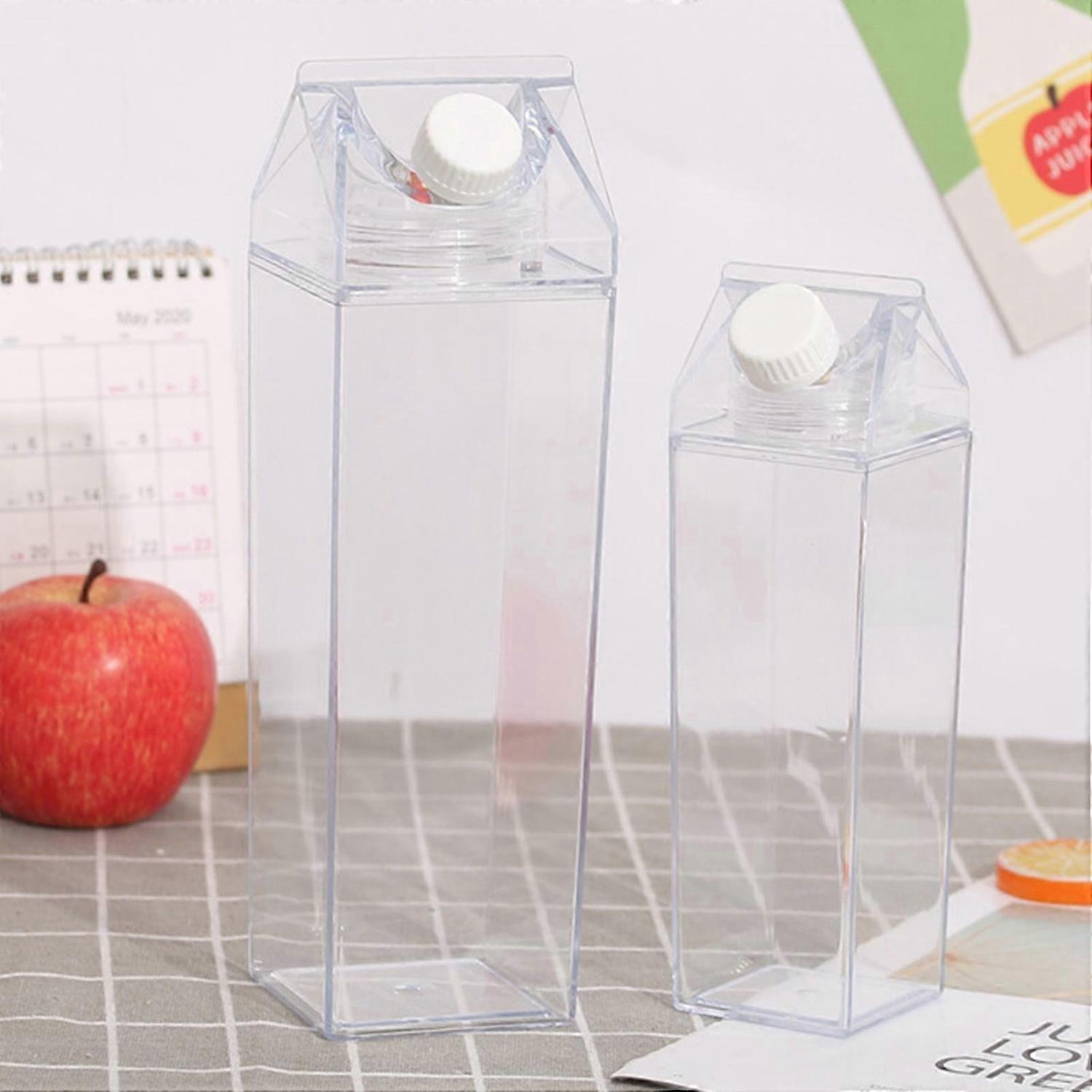 Milk Carton Water Bottle Clear Square Milk Bottles Plastic Leak Proof Cup 1000ml, Reusable Transpare