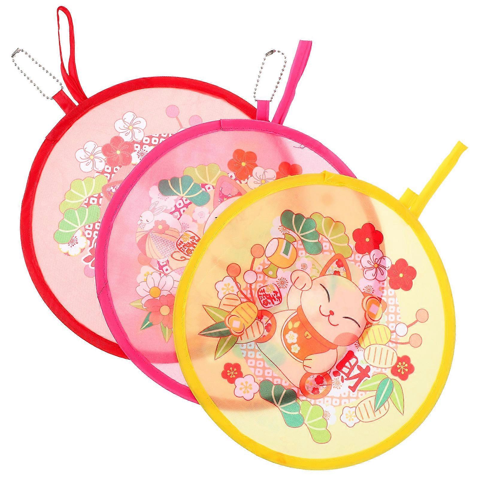 Round Handheld Fan 3Pcs Cartoon Pattern Summer Use Lightweight Cooling Prop Portable Assorted Color