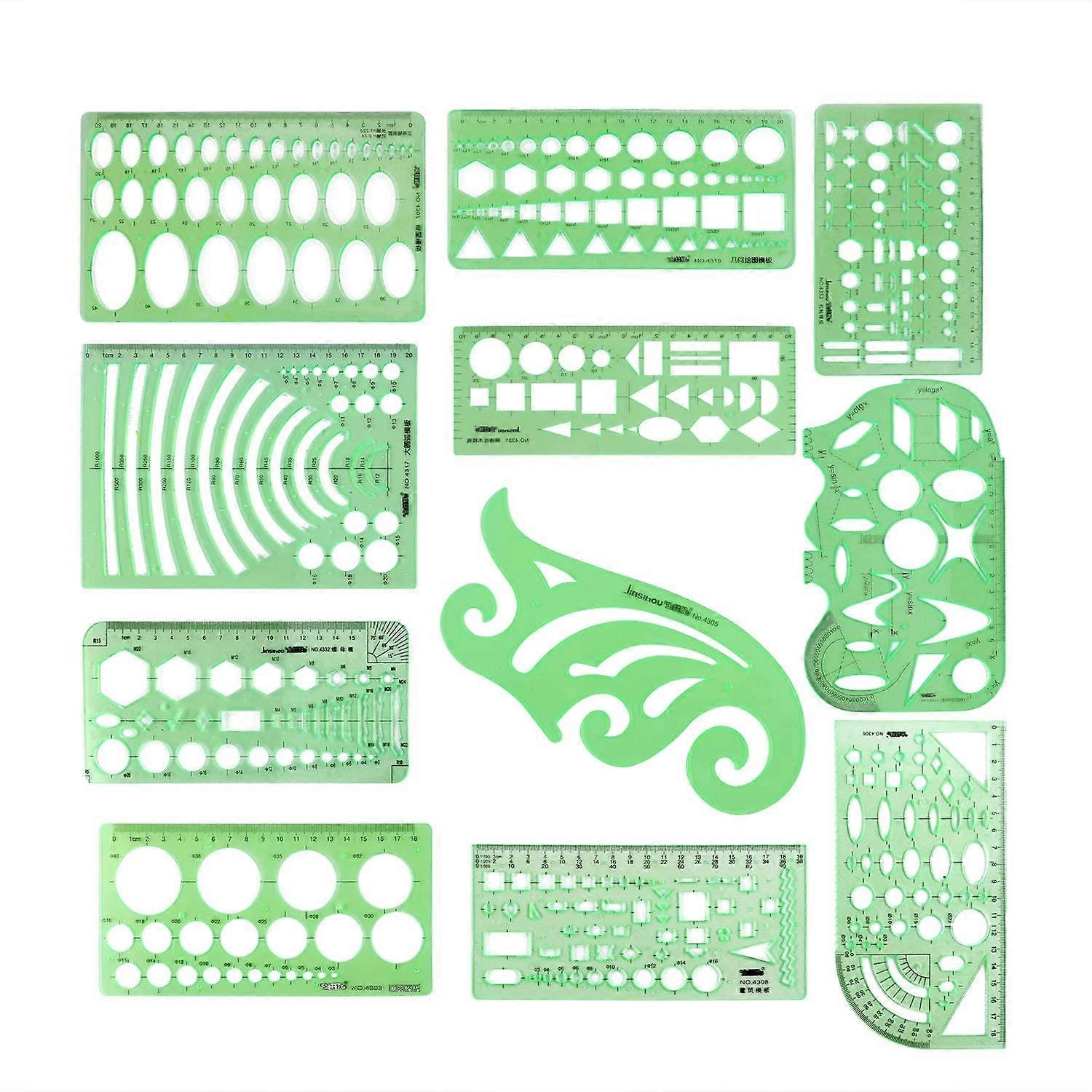 Geometric Drawing Stencils 11-Piece Plastic Measuring Ruler for Geometry Study, Design and Building