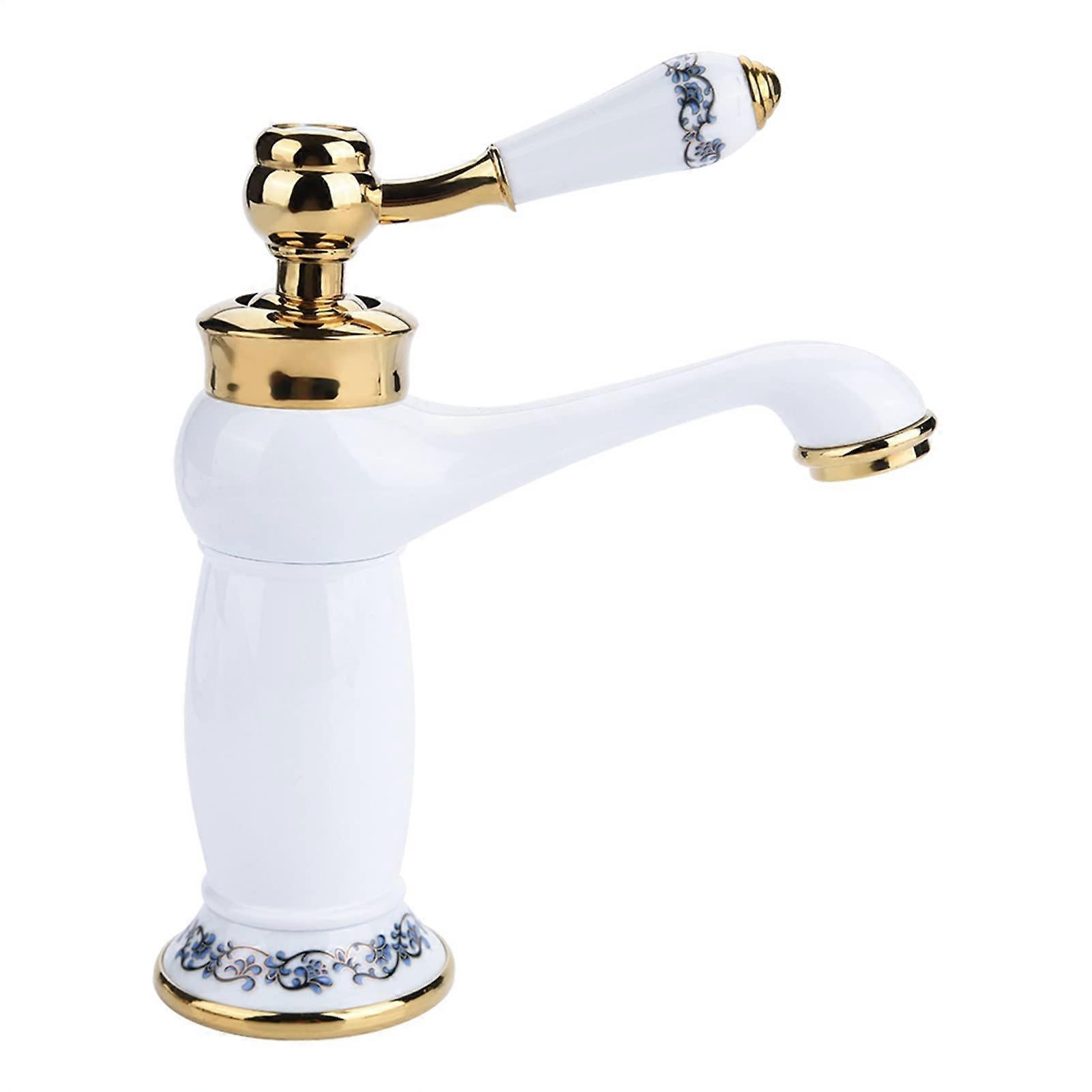 Single Handle Mixer Tap, Erosion Proof Hot/Cold Water Faucet, Brass Floral Pattern, Easy Installation (White)