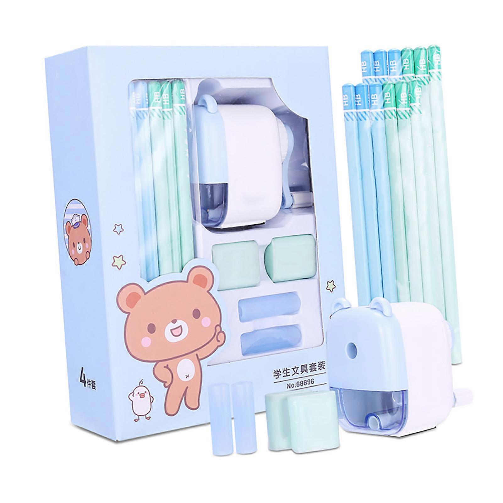 Cute Student Stationery Set with Blue Pencils, Sharpener & Eraser