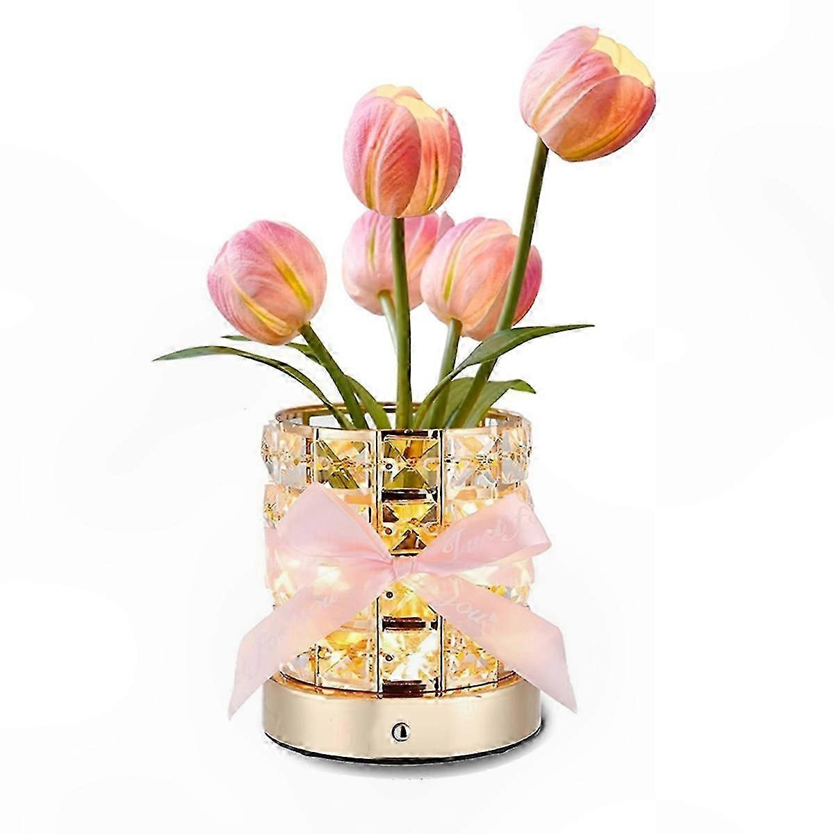 Crystal Base LED Night Light with Dimmable Tulip Design and USB Charging Capability