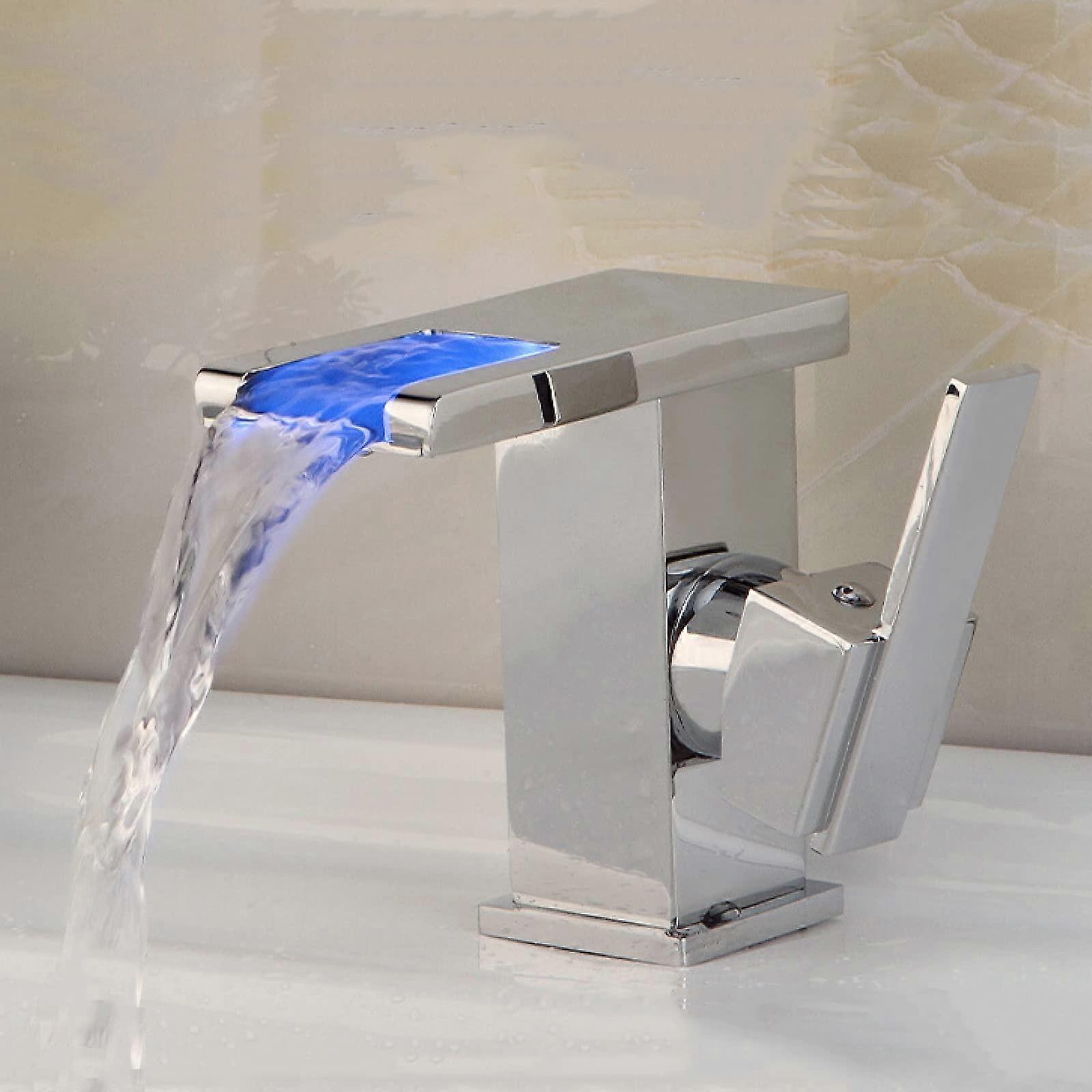 LED Waterfall Bathroom Sink Tap Brass/Chrome Finish 1Hole SingleHandle ThreeColor Changing LED Faucet Chrome A