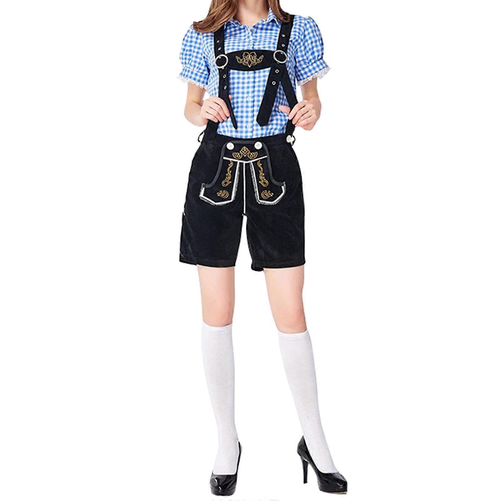 Lederhosen Womens Costume Set Bavarian Oktoberfest Short Traditional Leather Trousers With Blouse And Braces Size O