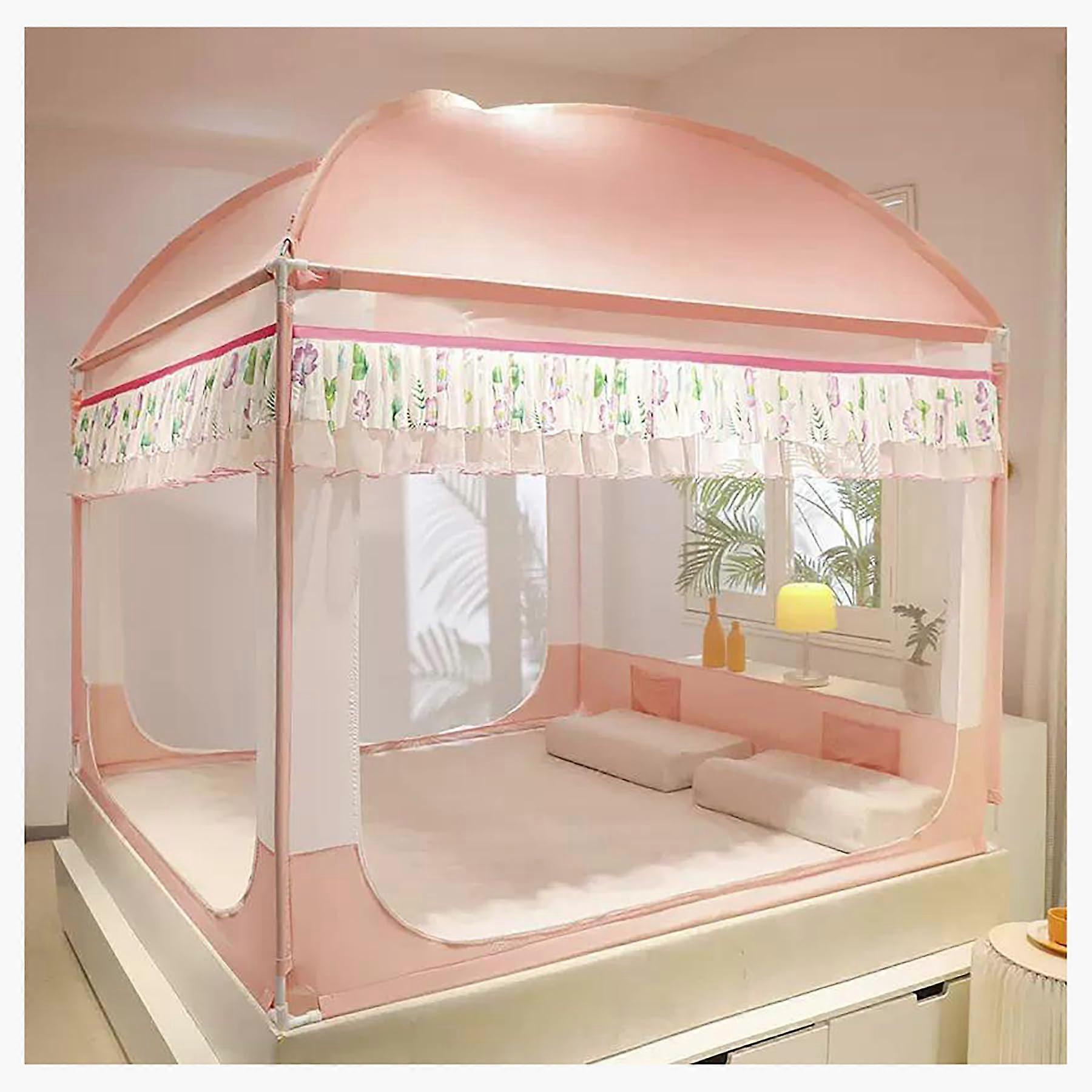 Mosquito Net For Canopy Bed Frame With Curtain And Four Corner Poles Pink Twin Size