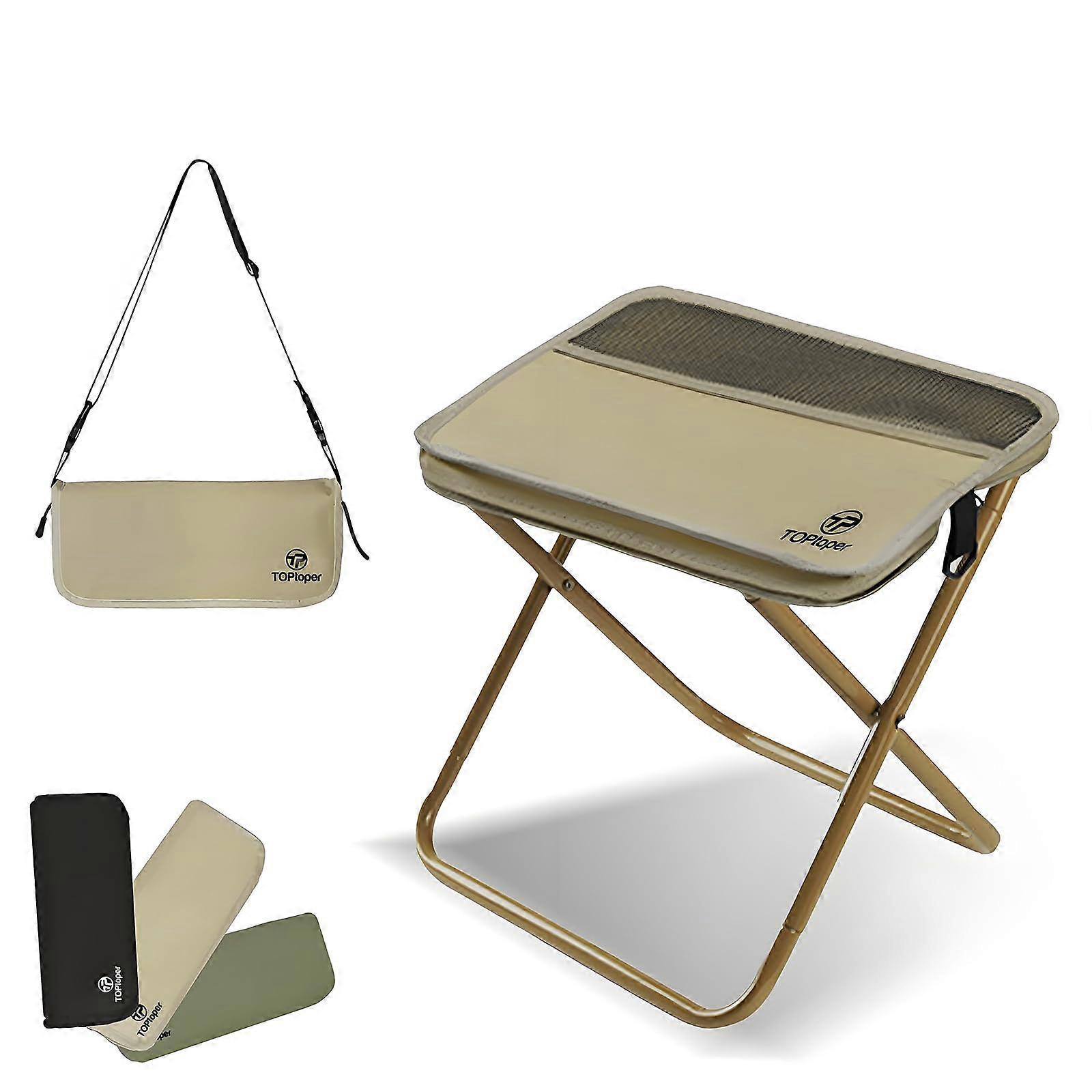 Portable Folding Stool With Shoulder Strap 400lb Max Load Khaki Foldable Collapsible Chair For Queuing And Outdoor Use