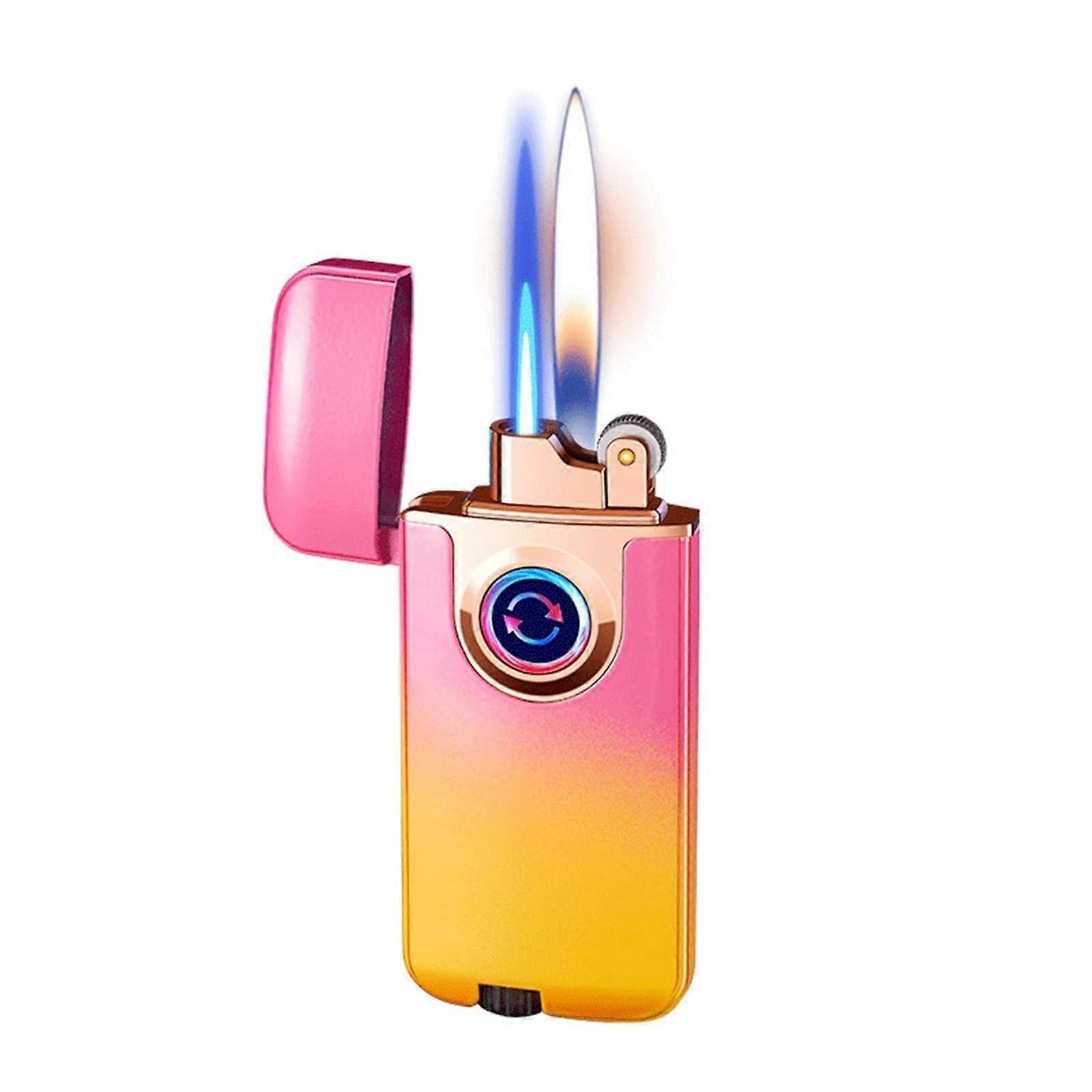 Dual Flame Lighter Butane Torch With Switchable Direct/Open Flame, Retro Grinding Wheel Ignition, Pink Gradient Outdoor