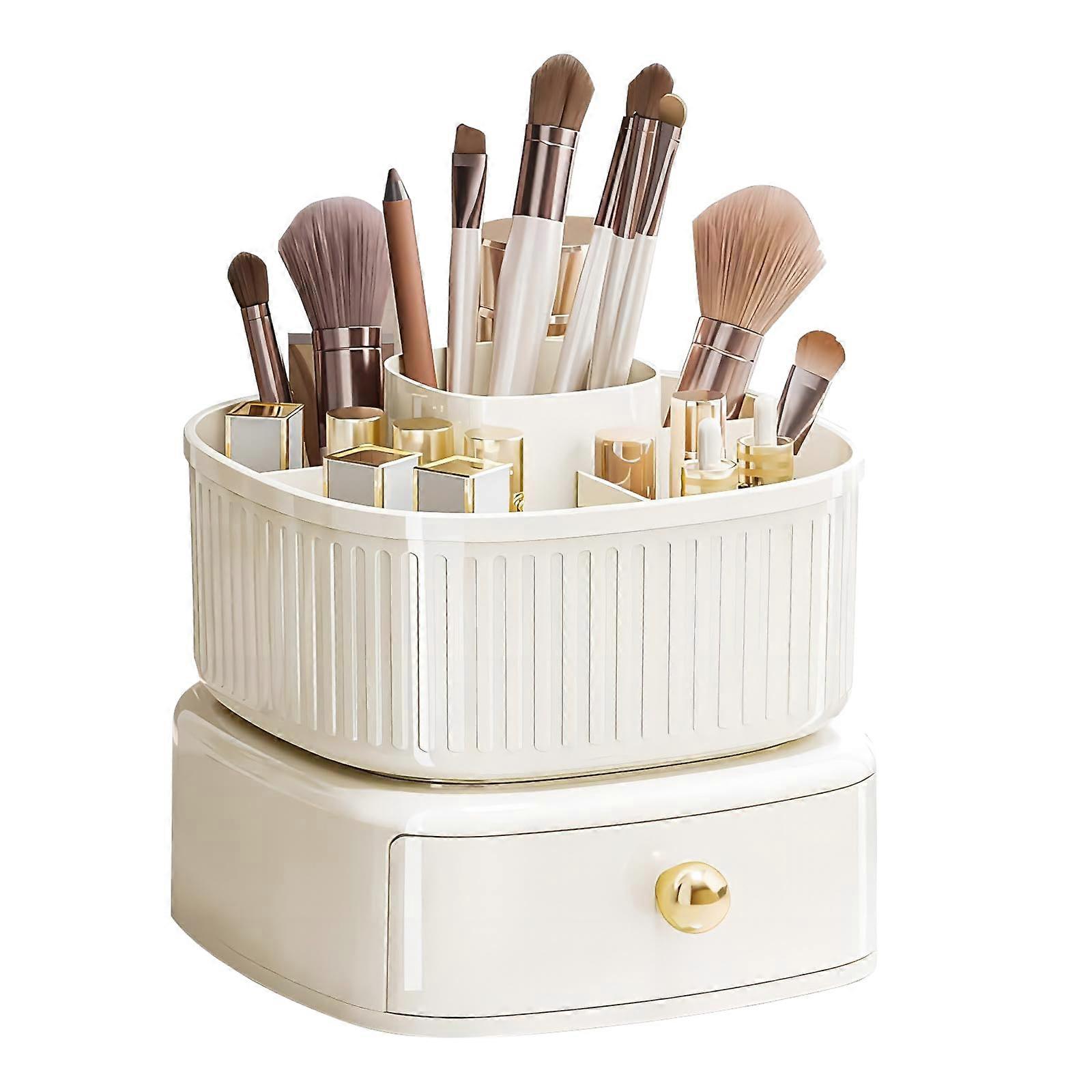 360Degree Rotating Makeup Brush Holder Organiser With Drawer Cream Countertop Storage For Dressing Table Vanity Desktop