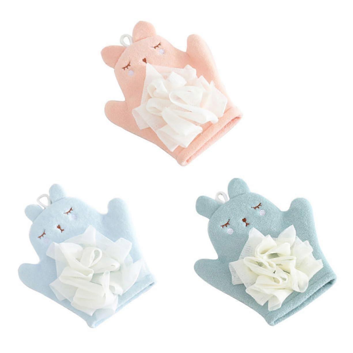 Bath Mitts 3Piece Set Soft Bath Gloves For Delicate Skin Cartoon Design Assorted Colors
