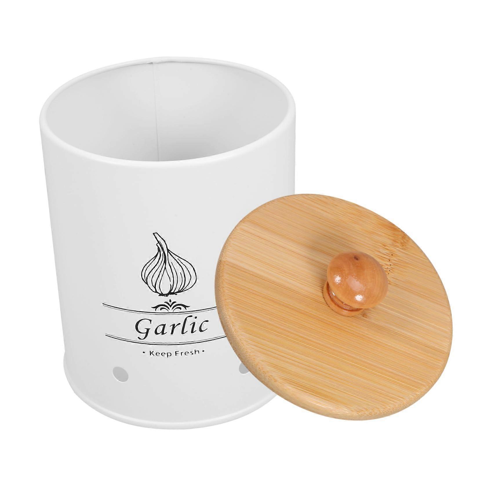 Garlic Storage Container with Bamboo Lid, Durable Metal Onion Garlic Keeper for Kitchen Countertop