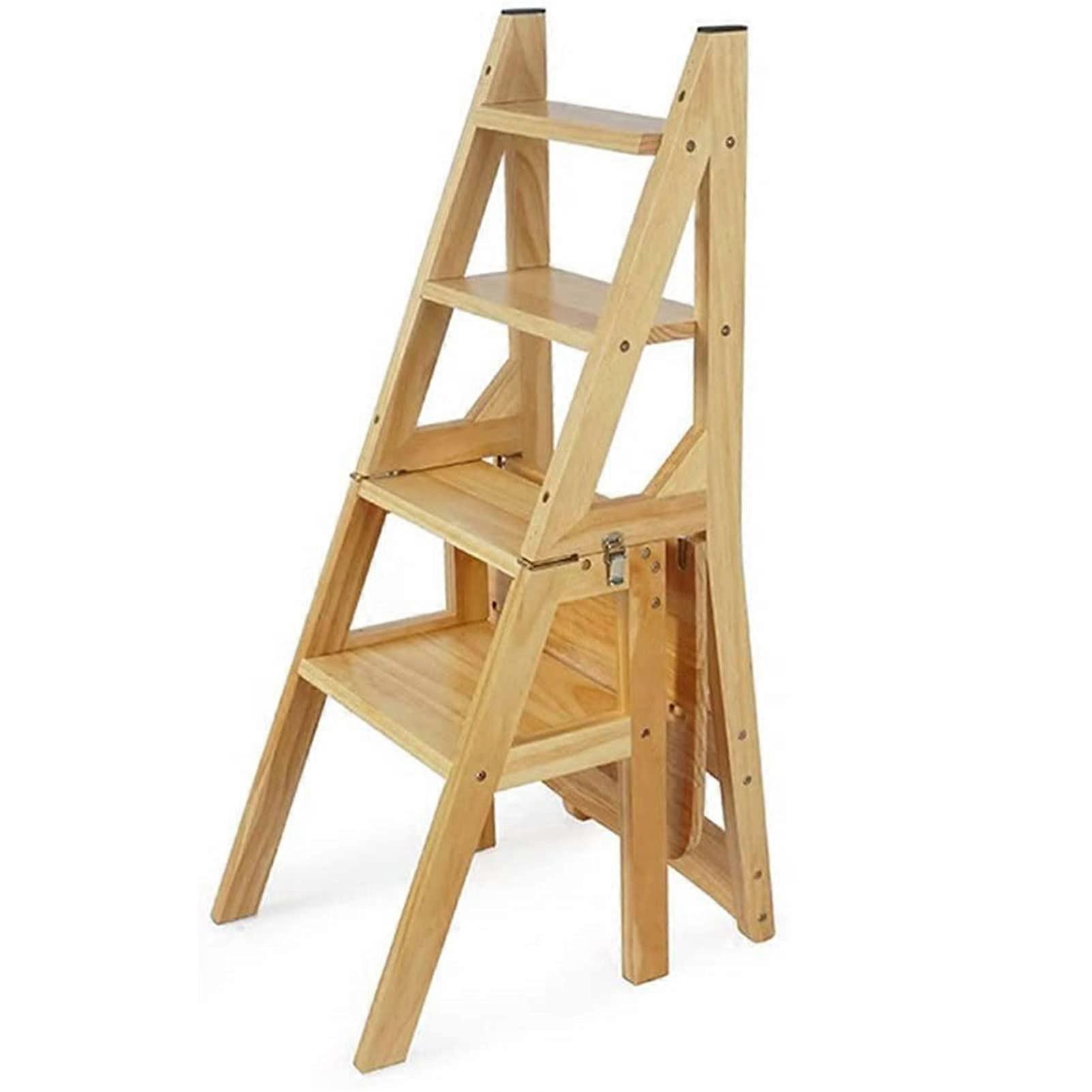 Wooden Folding Step Stool Ladder Chair with 4 Steps for Bedroom, Closet, Home Library