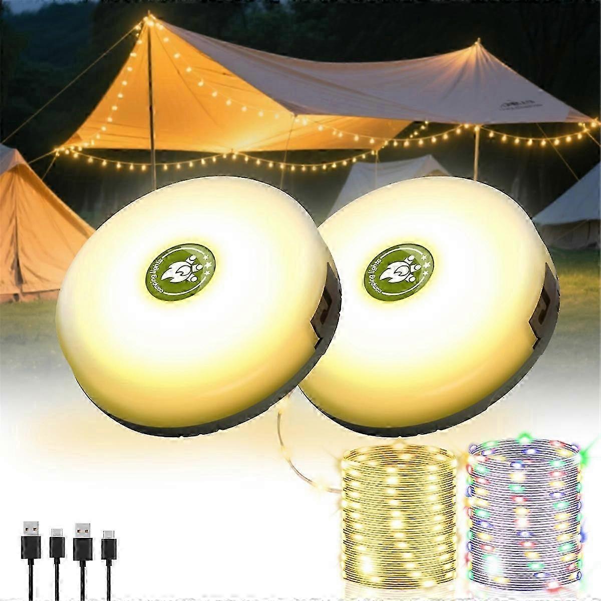 2Pack Camping String Lights, 4-in-1 Quick Storage Camp Light, 8Mode 32.8FT Hanging Tent Lights, Rech