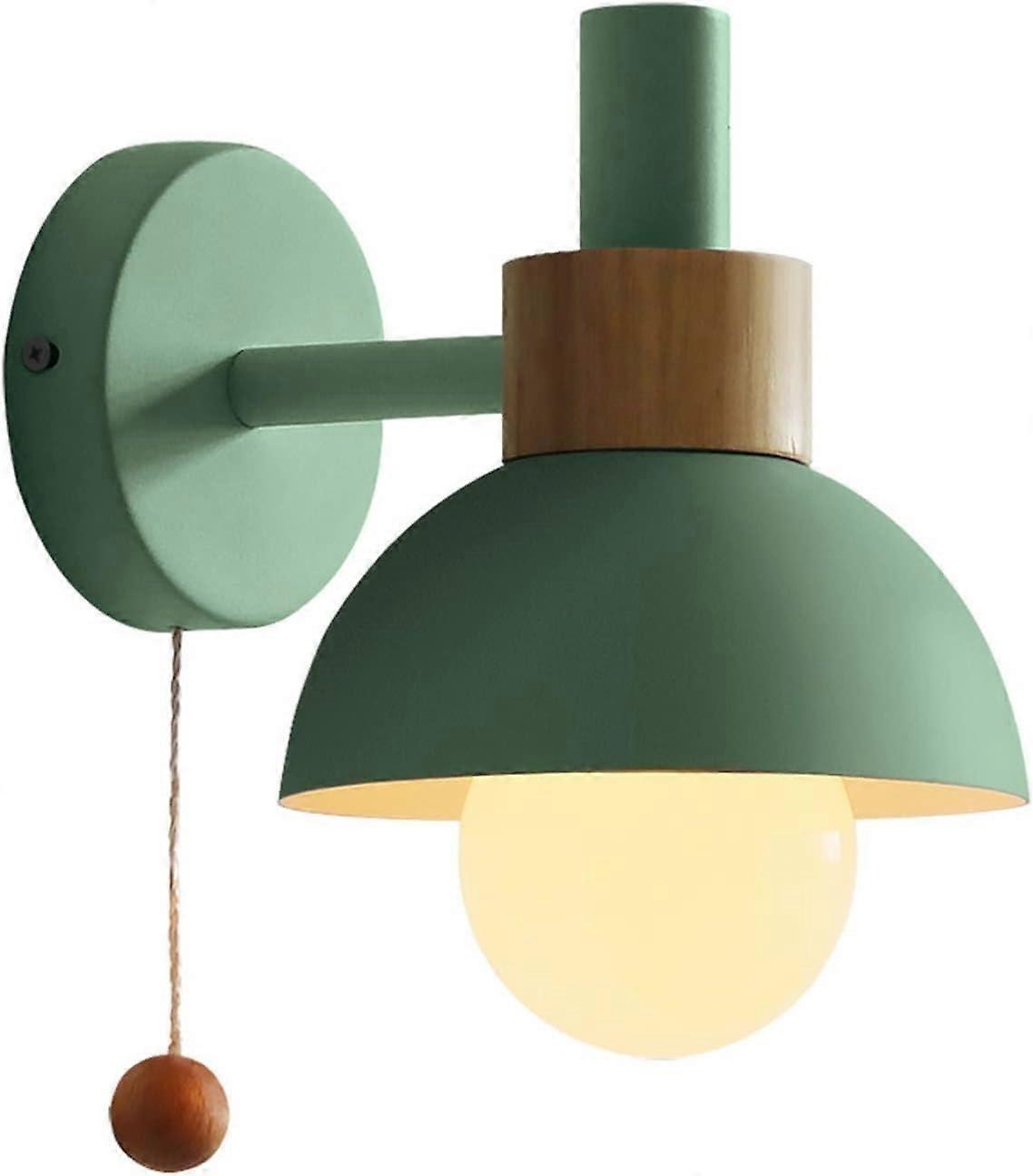 Modern Wall Sconce with Pull Chain, Colorful Dome Shade and Wood Accent Bedside Lamp for Nursery