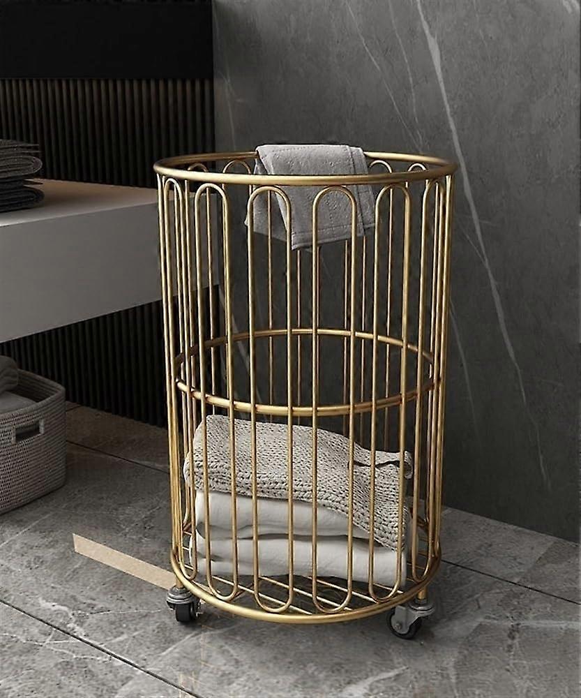 Rolling Laundry Hamper with Wheels Gold Metal Basket Cart for Clothes Storage with Lockable Casters