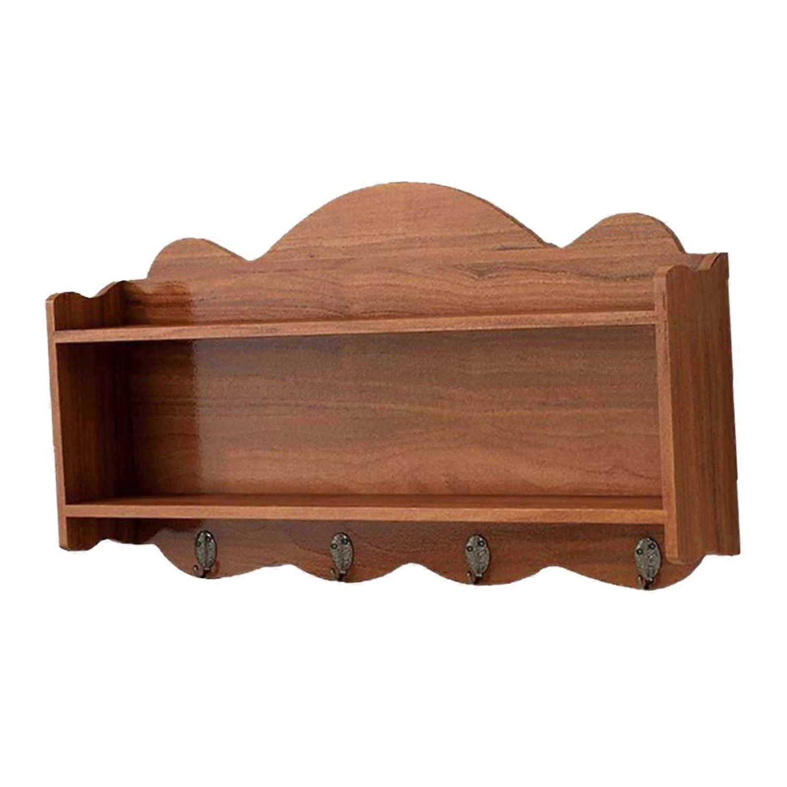 Wall Mounted Wooden Display Shelf with Hooks, Dual Layer Rustic Storage Rack for Entryway, Brown