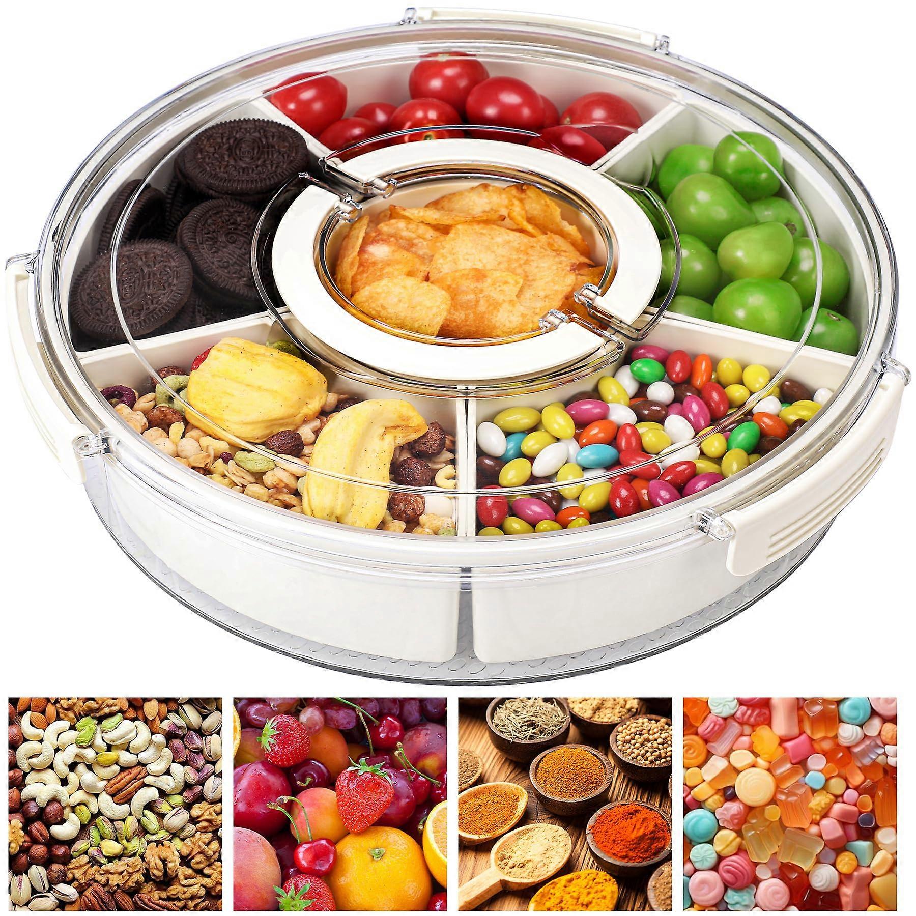 Snack Serving Tray with Lid and Handle, 6Compartment Stackable Organizer for Fruits, Nuts, Candy
