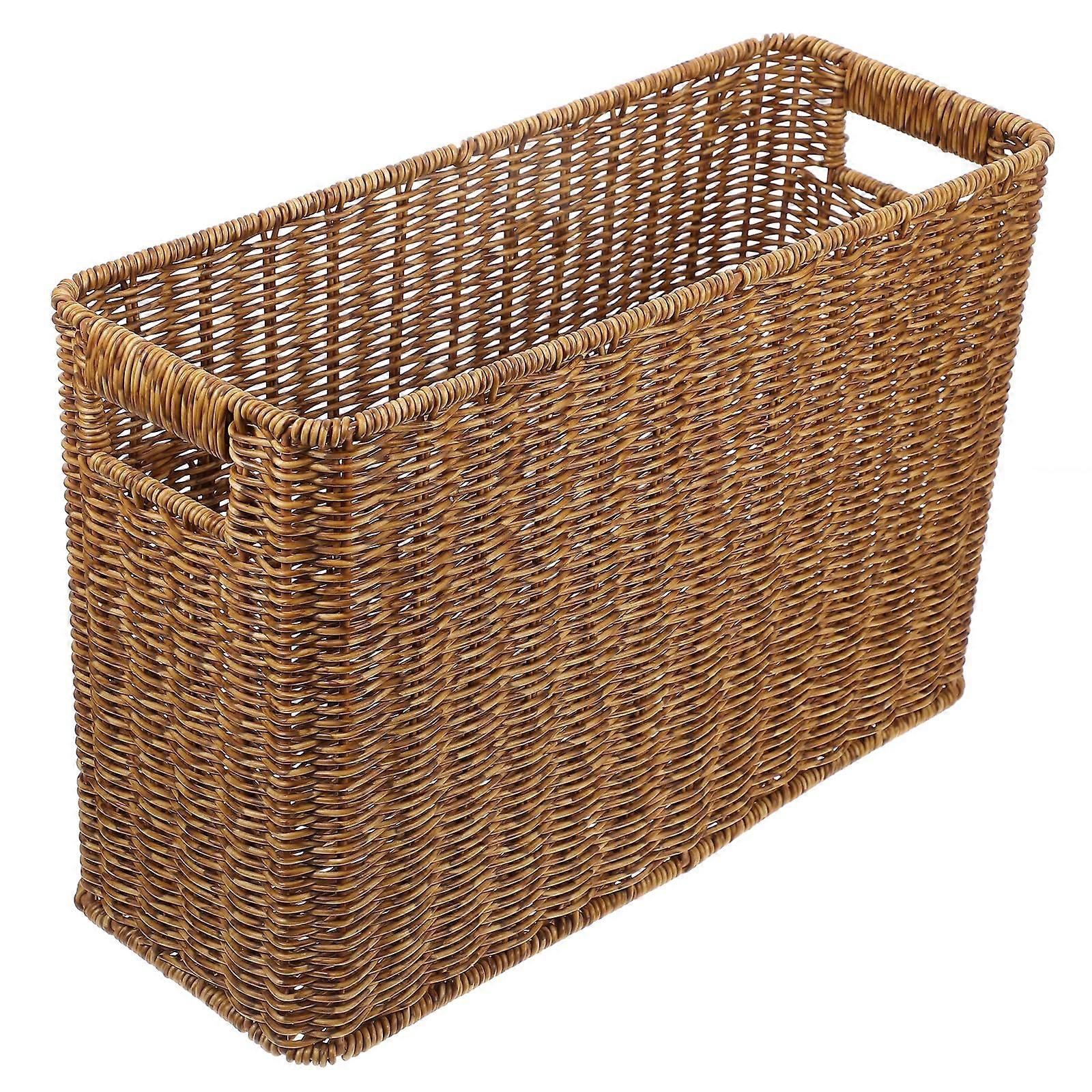 Magazine Holder Handwoven Wicker Storage Basket with Handle for Books and Mail, Light Brown