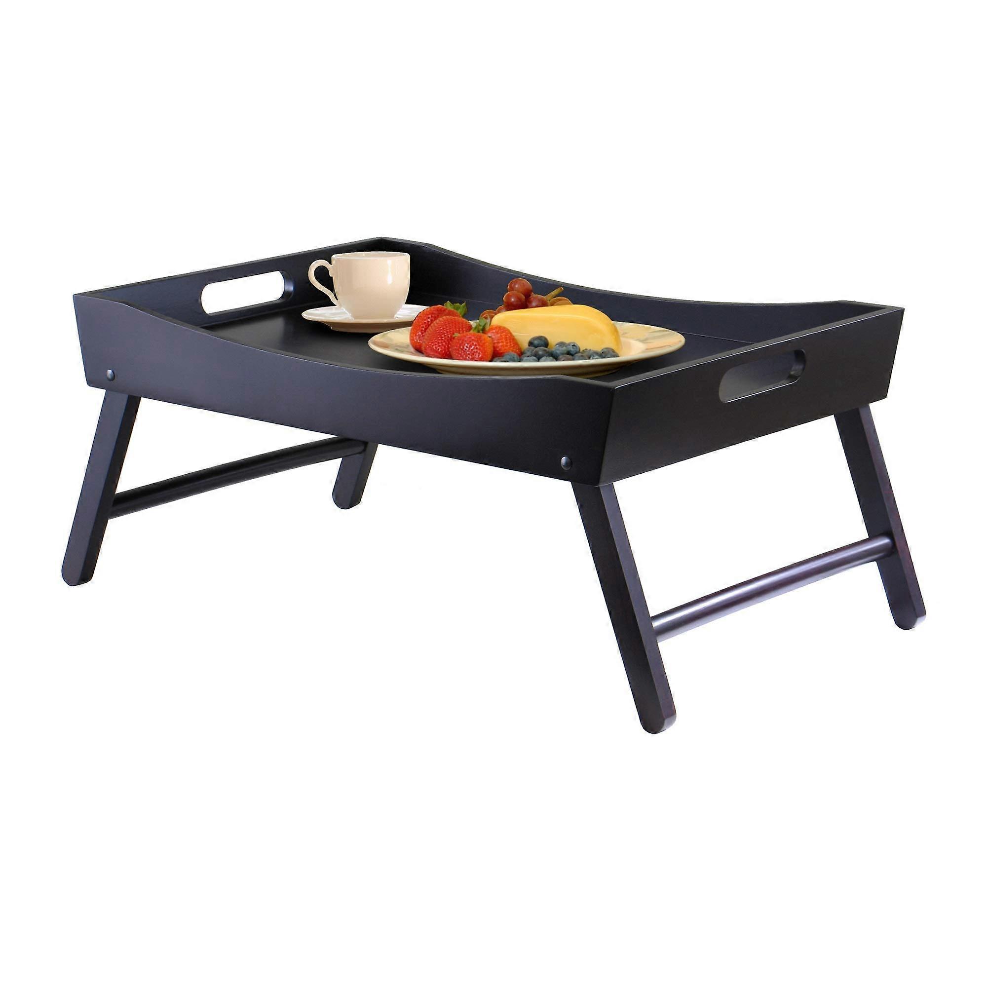 Dark Espresso Brown Foldable Wooden Bed Tray Table with Curved  for Versatile Indoor Use