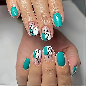 24PCS Medium Square Press on Nails Green Fake Nails with Designs Glossy Acrylic Glue On for Women