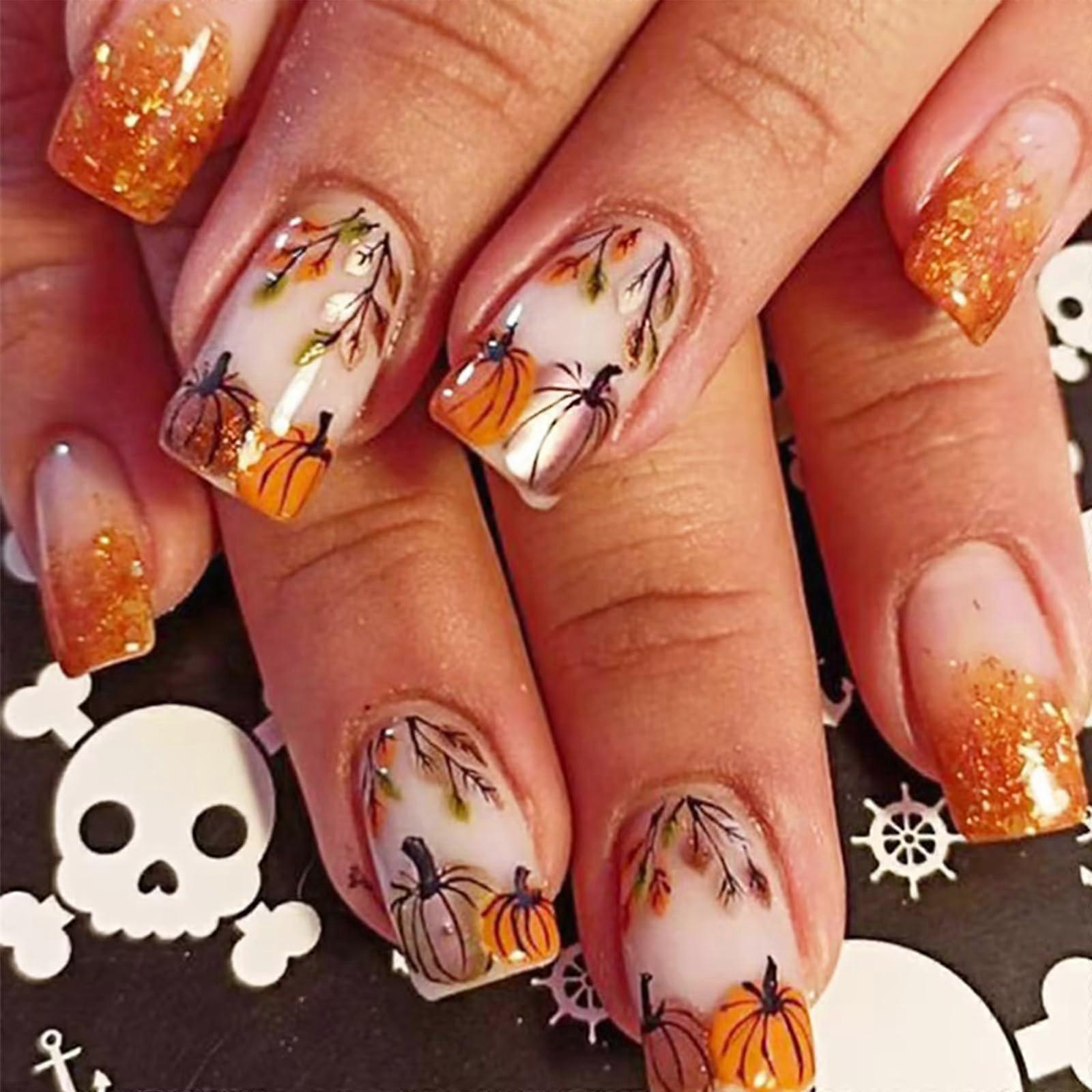 Fall Press on Nails Short Square Gold Glitter Pumpkin Fake Nails with Maple Leaf Design 24Pcs