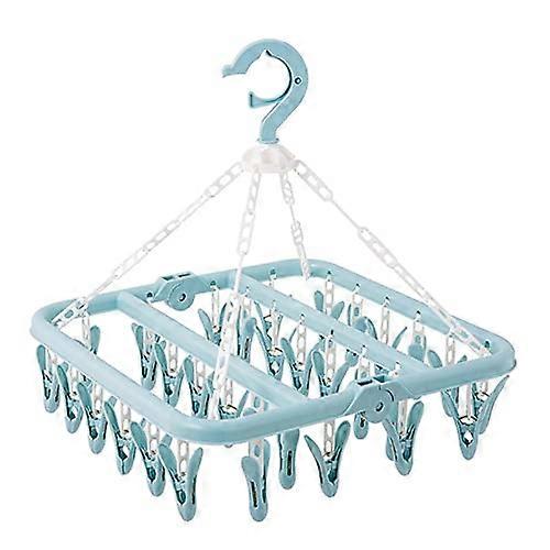 Foldable Clothes Drying Rack with 32 Windproof Clips for Socks, Underwear, Bras, Scarves, Blue