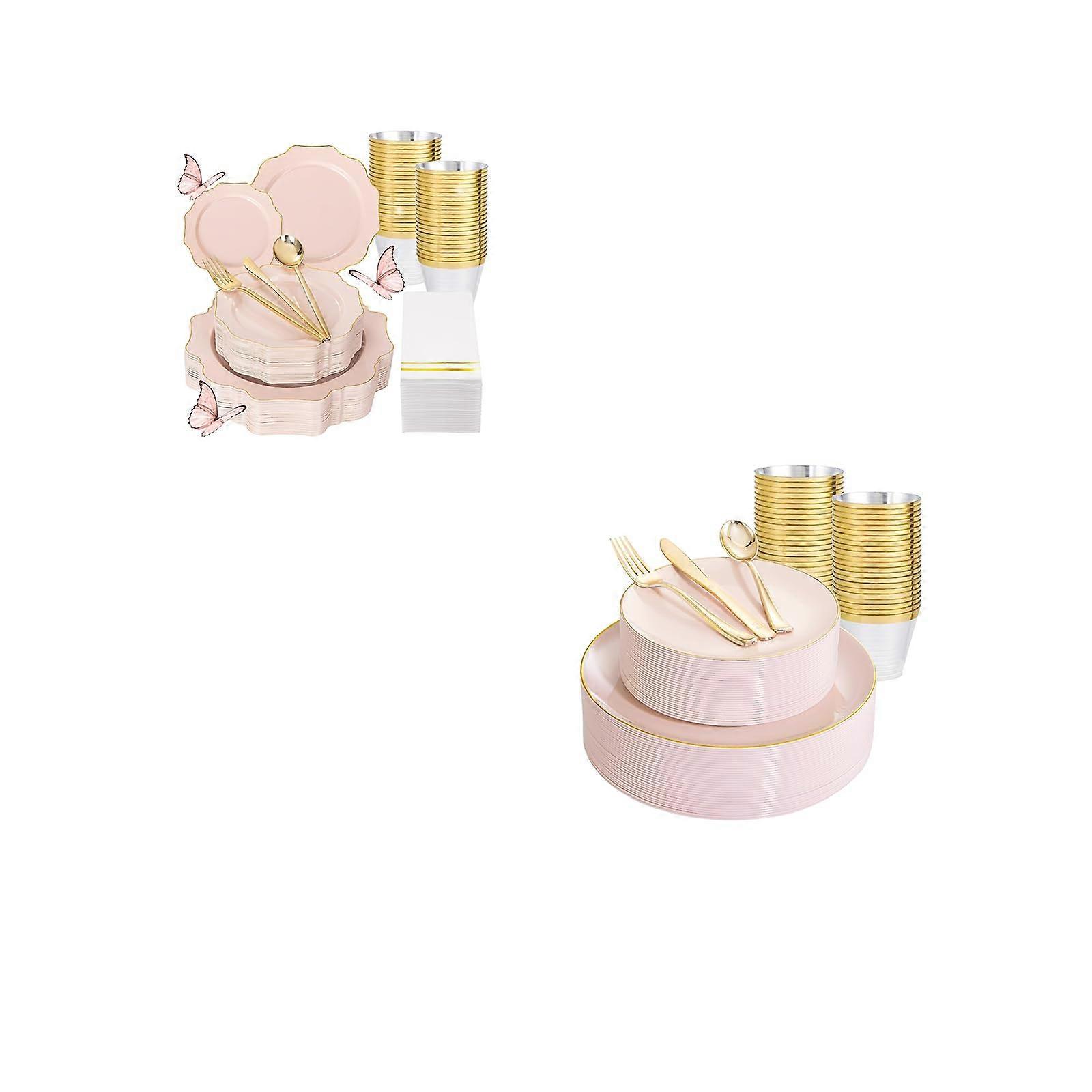 175 Pack Pink Disposable Plates for Party and Wedding, Durable Plastic Tableware Set