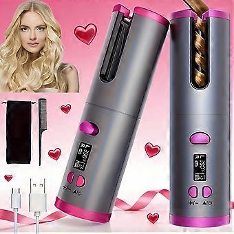 USB Rechargeable Cordless Hair Curler with LCD Display, 6 Heat and Timer Settings, Rapid Heating Auto Shut-Off, Pink Gray