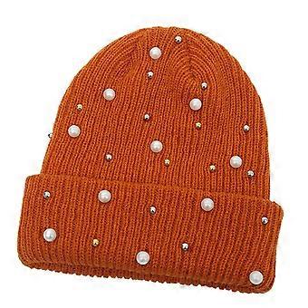 Stilvolle Strickmütze mit elegantem Perlenmuster, Wintermütze für modebewusste Damen, orange