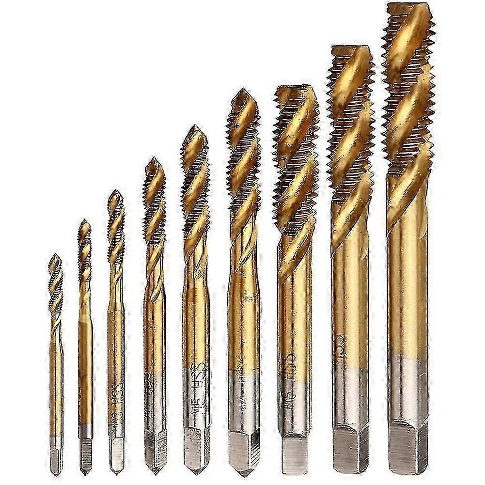 9pcs Machine Screw Tap Set, Titanium Spiral Flute Drill, M2-M12 Thread Tapping Tool