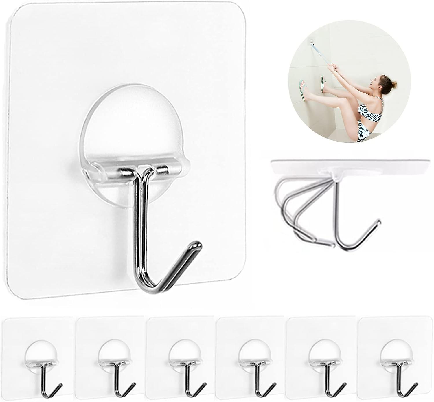 Wall Hook 13lb (Max) Clear Reusable Seamless Hook, Water & Oil Proof, Bathroom Kitchen Heavy Self Adhesive Hook, 8 Pack