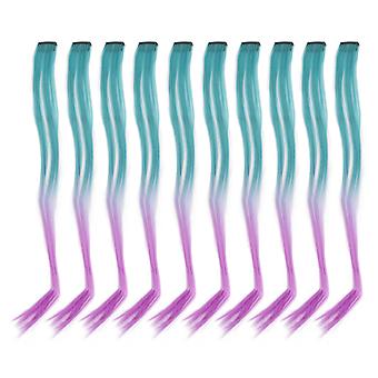 10pcs Destaques Peruca Longa Reta Gradiente Requintado Elegante Peruca Clipe para Eventos de Cosplay Festas de Halloween Verde Roxo