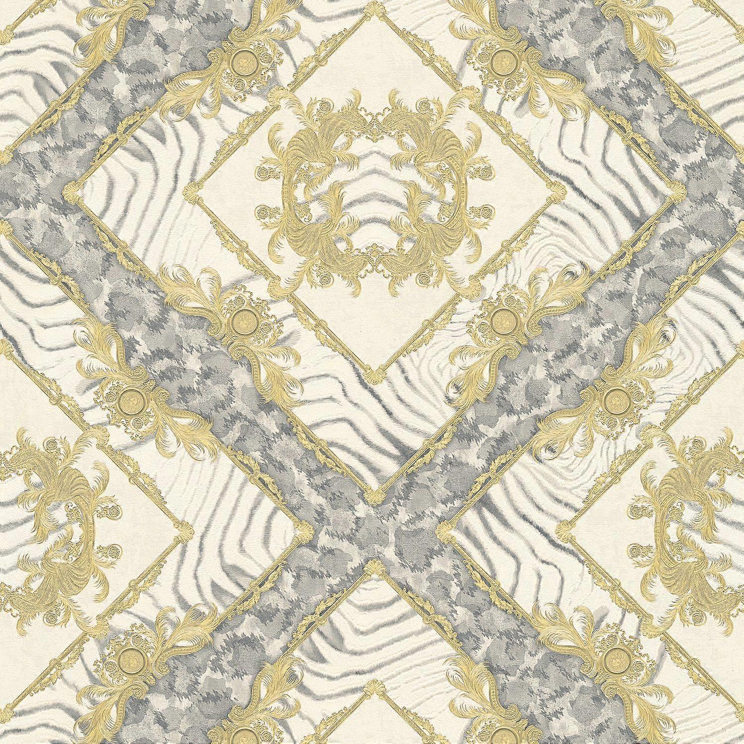 Exclusief luxe behang Profhome 349042-GU vliesbehang licht gestructureerd met luipaard-print glanzend grijs goud crèmewit 7,035 m2