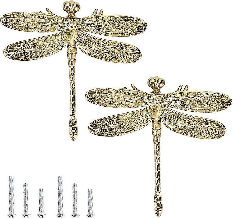 2 Packs Brass Drawer Knobs Pull Handle, Cupboard Wardrobe Cabinet Dresser Handle - Dragonfly Designed Furniture Knob With Screw