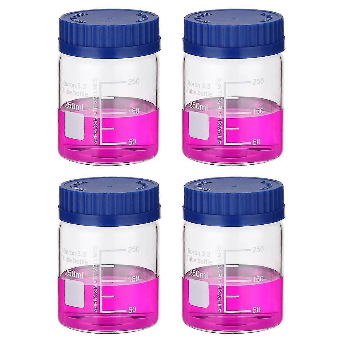 4 Pack Reagent Media Storage Bottles, 250ml Borosilicate Glass Wide Mouth Graduated Round Bottles With Gl32 Screw Cap