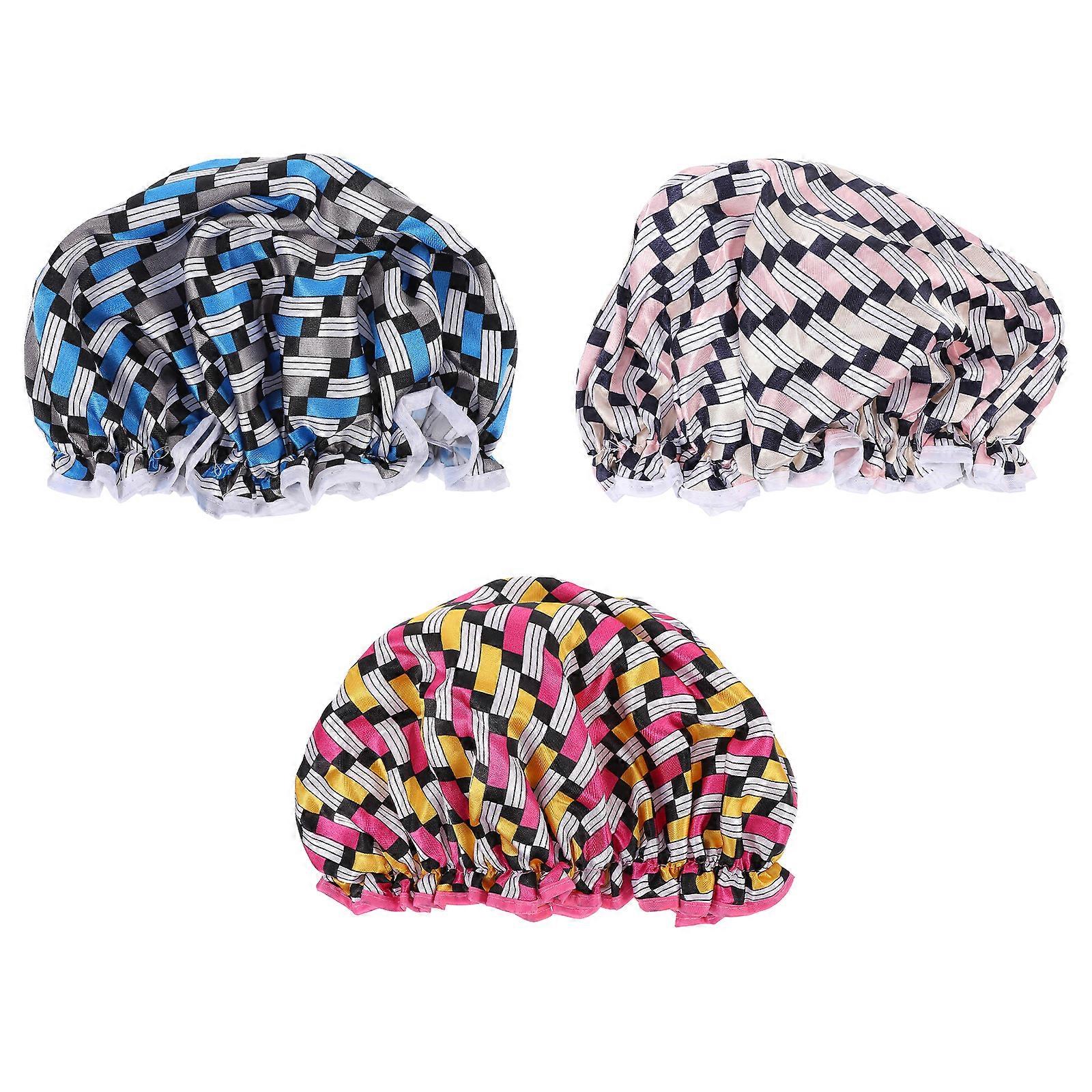 3pcs Reusable Printed Polyester Bathing Shower Caps Double Layer Bathing Caps