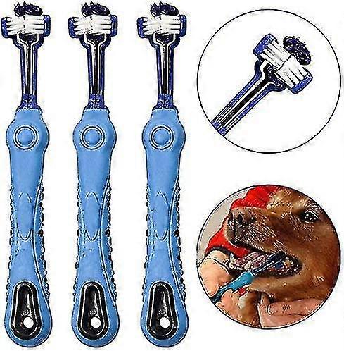 Pet Dog Toothbrush Teeth Care - Three Heads Toothbrush - Vets And Groomers Recommended (blue)