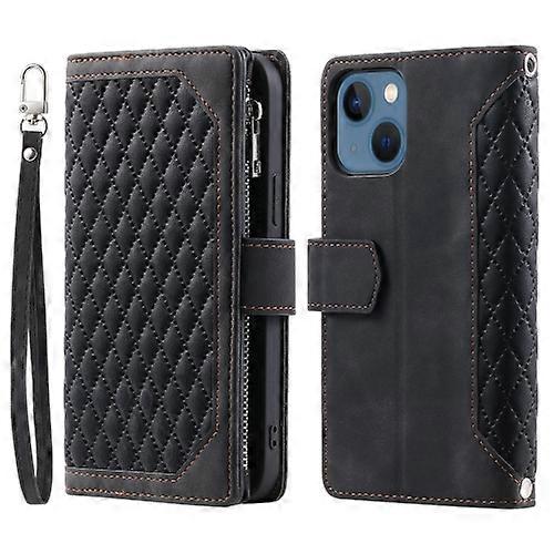 For iPhone 15 Grid Texture Zipper Leather Mobile Phone Case with Lanyard
