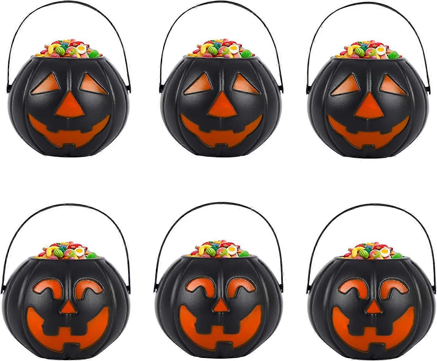 Set of 6 Halloween Black Pumpkin Bucket Halloween Trick or Treat Pumpkin Bucket Candy Jar Jack Lantern Ghost Portable Candy Bucket Holder Decorative M
