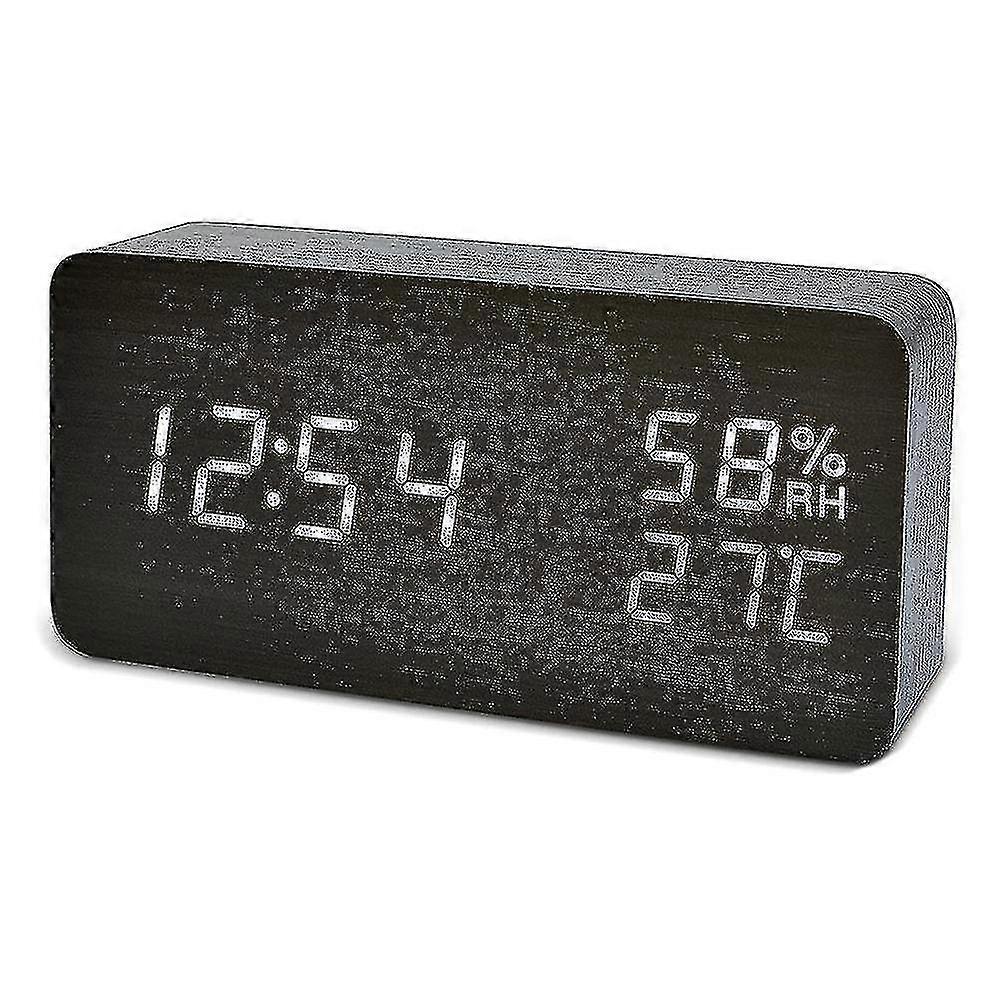 Wood Digital Alarm Clock, Led Time Display Wooden Digital Desk Clock 3 Level Brightness And Temperature( Size,color : Black Wood White Font-rectangle