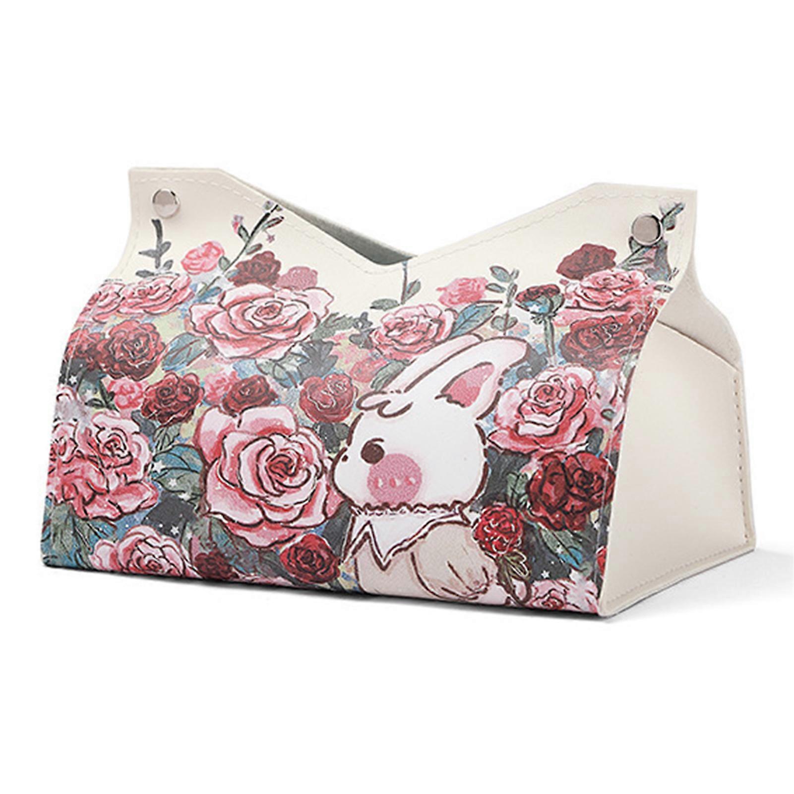 Tissue Box Faux Leather Rose Print Button Closure Large Capacity Easy Extraction Home Office Decoration Tissue Dispenser Car Paper Box
