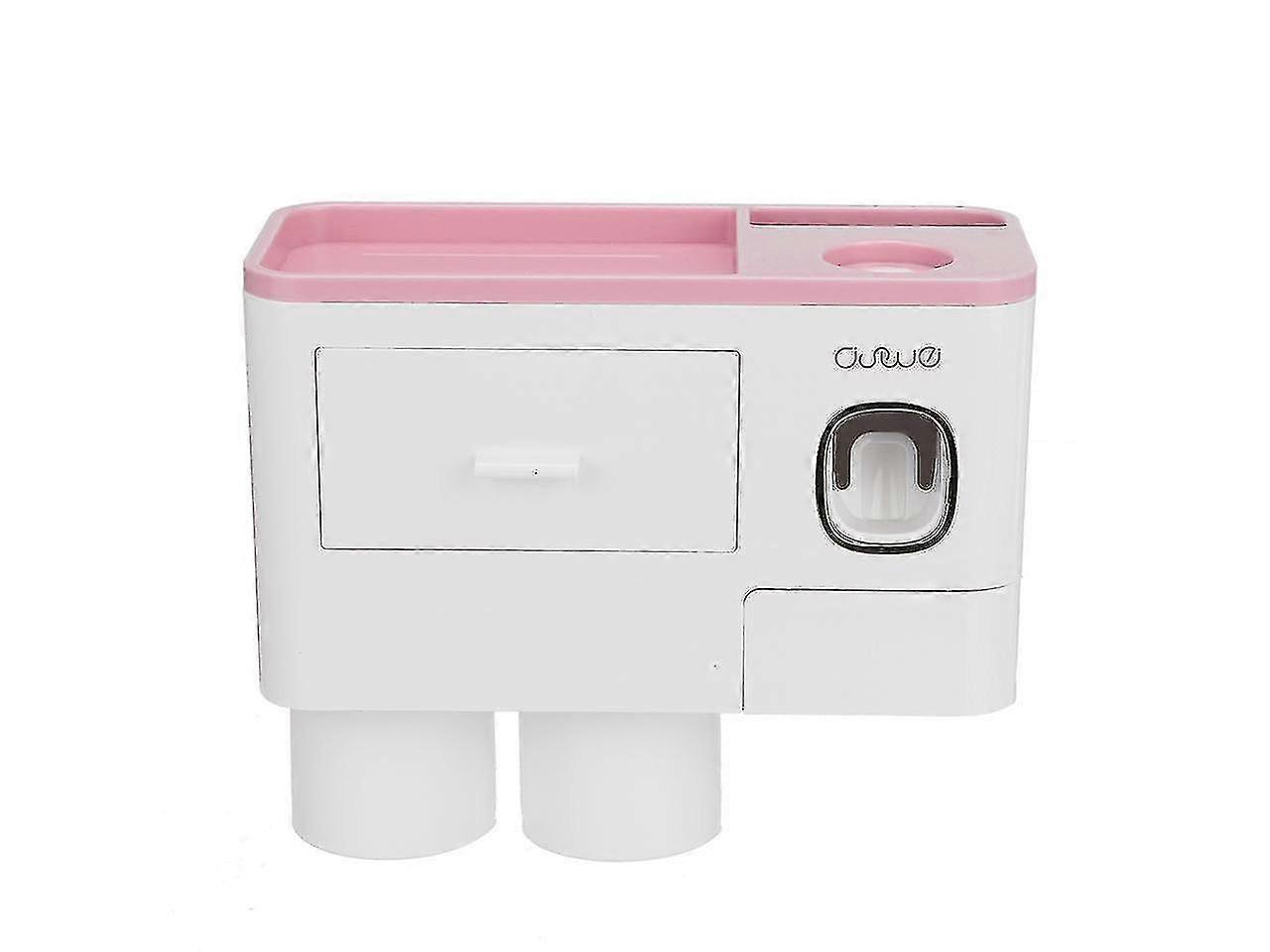 2 in 1非パンチング歯ブラシホルダーラック自動歯磨き粉スクイーザー壁掛け収納ボックス-b /ピンク