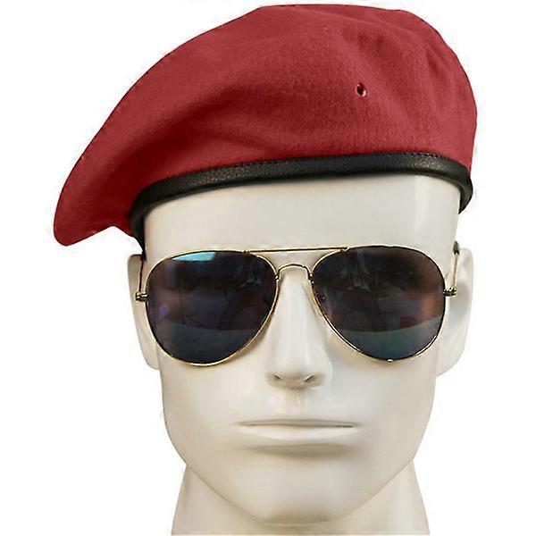 Wool Blend Military Berets Cap Army Type Adjustable Hat (Dark red)