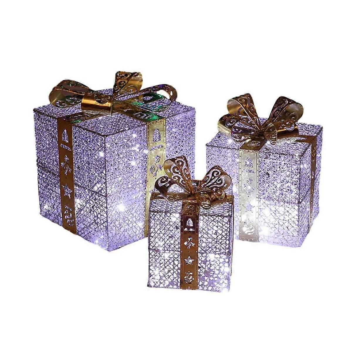 Christmas Decoration Gift Box Three-Piece Set Pile Ornaments Iron Gift Box Luminous Christma Suppli