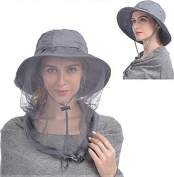 Head Net Hat, Safari Hat Sun Hat Bucket Hat with Hidden Net Mesh (Gray)
