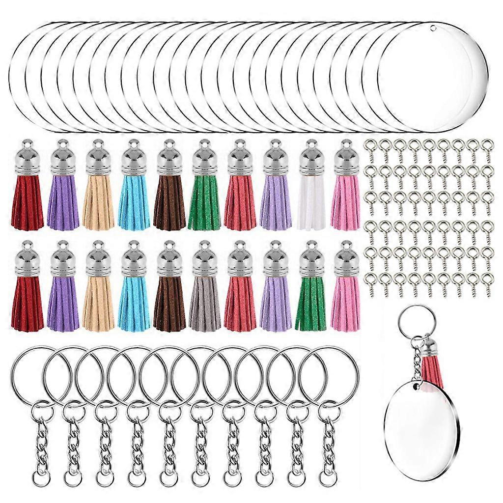 200 Pcs Acrylic Keychain Blanks Kit with Key Rings Jump Rings Round Clear Discs