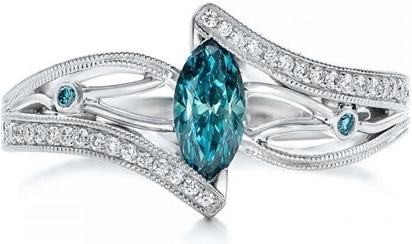 خاتم نسائي مرصع بالأحجار الكريمة الاصطناعية البيضاوية حجر الراين خاتم لامع هدايا عيد ميلاد (بحيرة زرقاء ، مقاس 10)