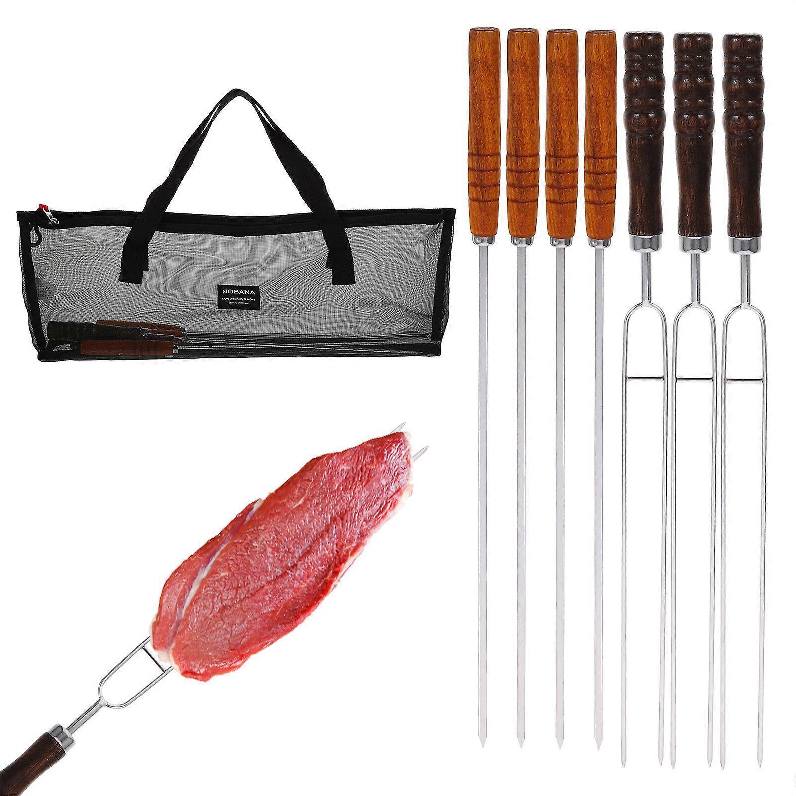 1 Set of Stainless Steel Skewers BBQ Meat Skewers Kitchen Barbecue Skewers Wood Handle Skewers